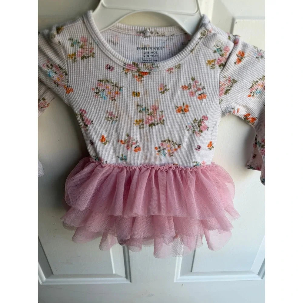 Posh Peanut Baby Girls Long Sleeve Tulle Tutu Floral Bodysuit in Clemence 12/18M